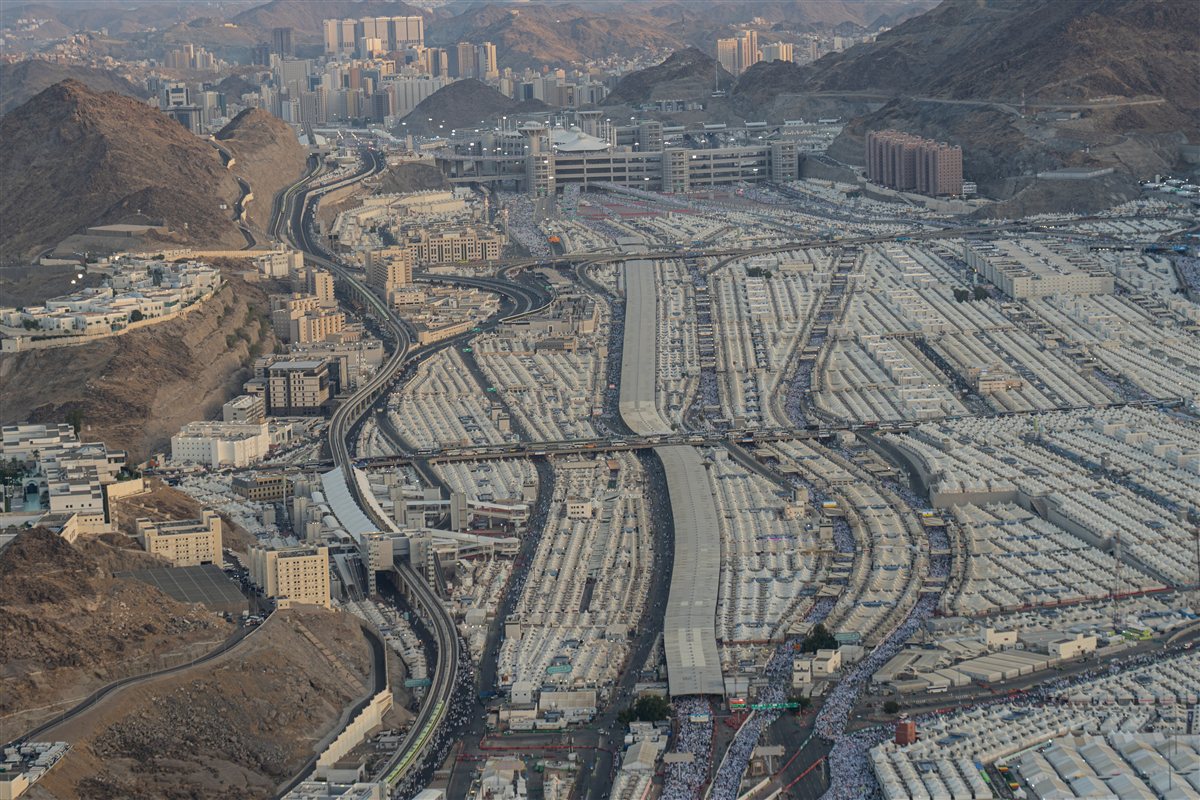 Aerial view across Mina's tent city and its connected pedestrian routes towards Jamarat.